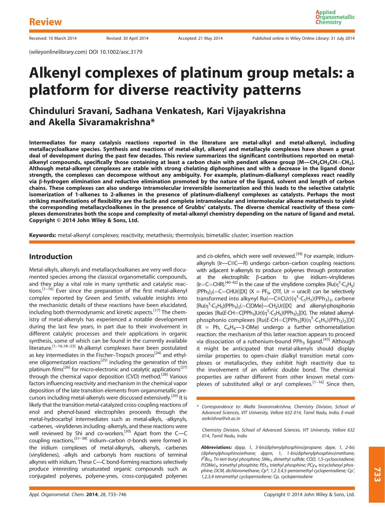 Alkenyl complexes of platinum group metals: a platform for diverse reactivity patterns by Chinduluri Sravani & Sadhana Venkatesh & Kari Vijayakrishna & Akella Sivaramakrishna