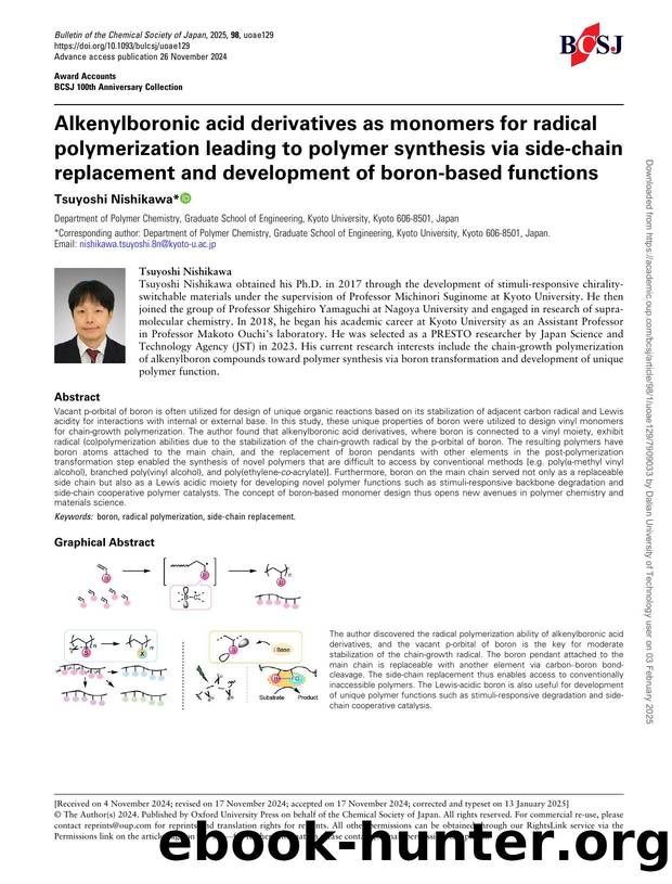 Alkenylboronic acid derivatives as monomers for radical polymerization leading to polymer synthesis via side-chain replacement and development of boron-based functions by Tsuyoshi Nishikawa
