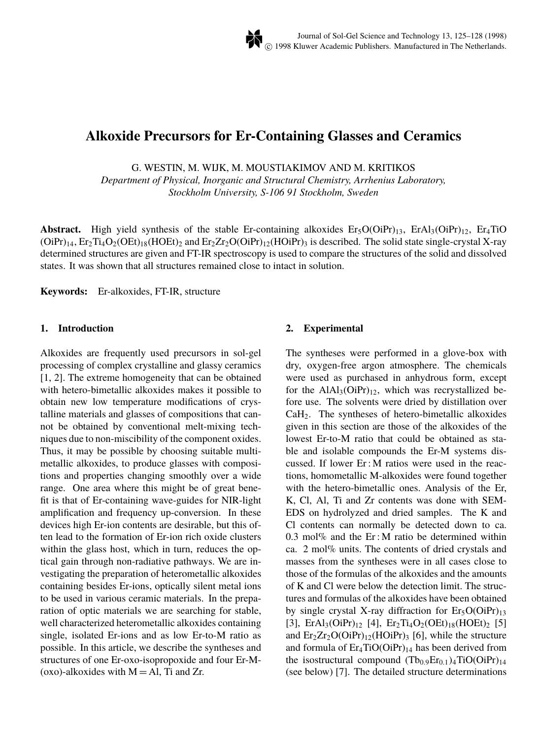 Alkoxide Precursors for Er-Containing Glasses and Ceramics by Unknown