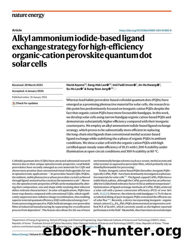 Alkyl ammonium iodide-based ligand exchange strategy for high-efficiency organic-cation perovskite quantum dot solar cells by Havid Aqoma & Sang-Hak Lee & Imil Fadli Imran & Jin-Ha Hwang & Su-Ho Lee & Sung-Yeon Jang