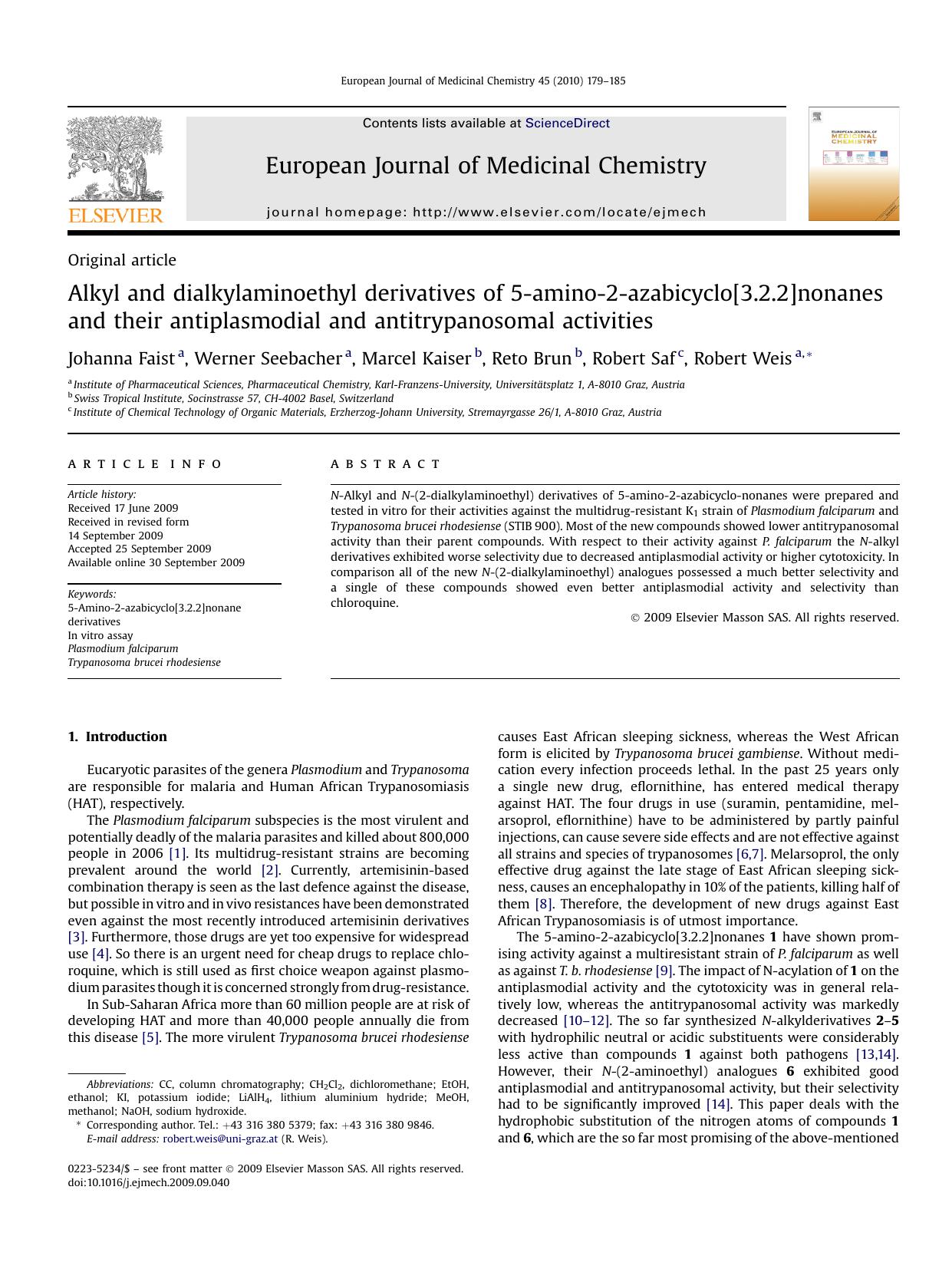 Alkyl and dialkylaminoethyl derivatives of 5-amino-2-azabicyclo[3.2.2]nonanes and their antiplasmodial and antitrypanosomal activities by Johanna Faist; Werner Seebacher; Marcel Kaiser; Reto Brun; Robert Saf; Robert Weis