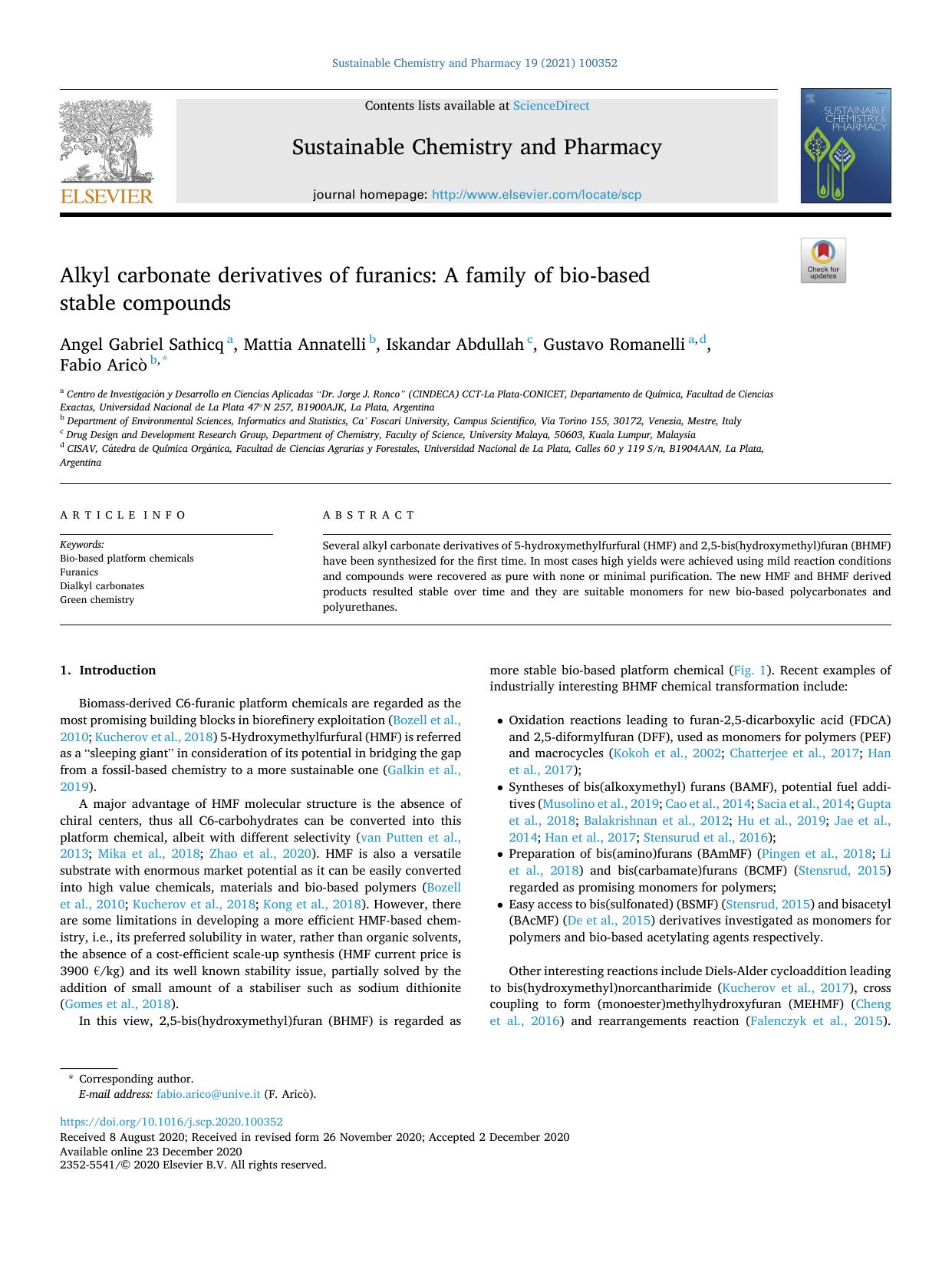 Alkyl carbonate derivatives of furanics: A family of bio-based stable compounds by Angel Gabriel Sathicq & Mattia Annatelli & Iskandar Abdullah & Gustavo Romanelli & Fabio Aricò