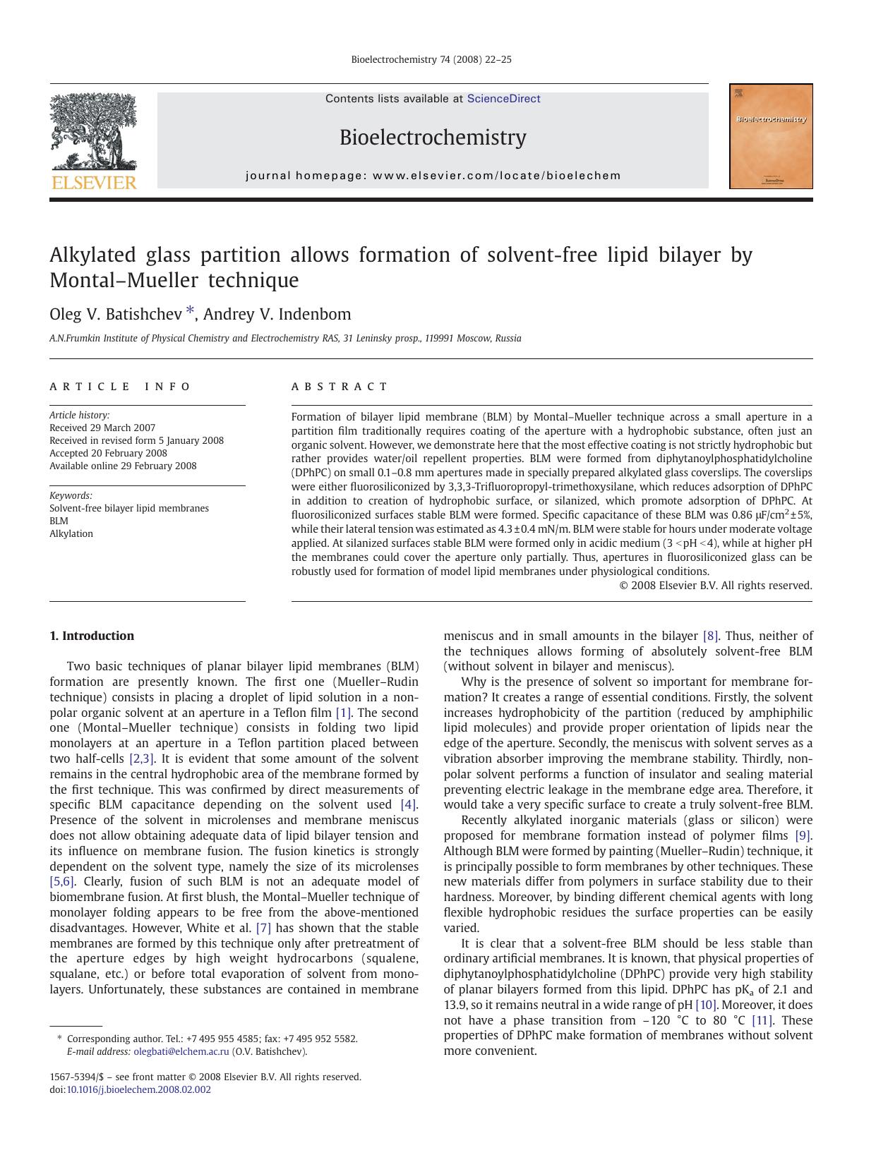 Alkylated glass partition allows formation of solvent-free lipid bilayer by MontalâMueller technique by Oleg V. Batishchev; Andrey V. Indenbom