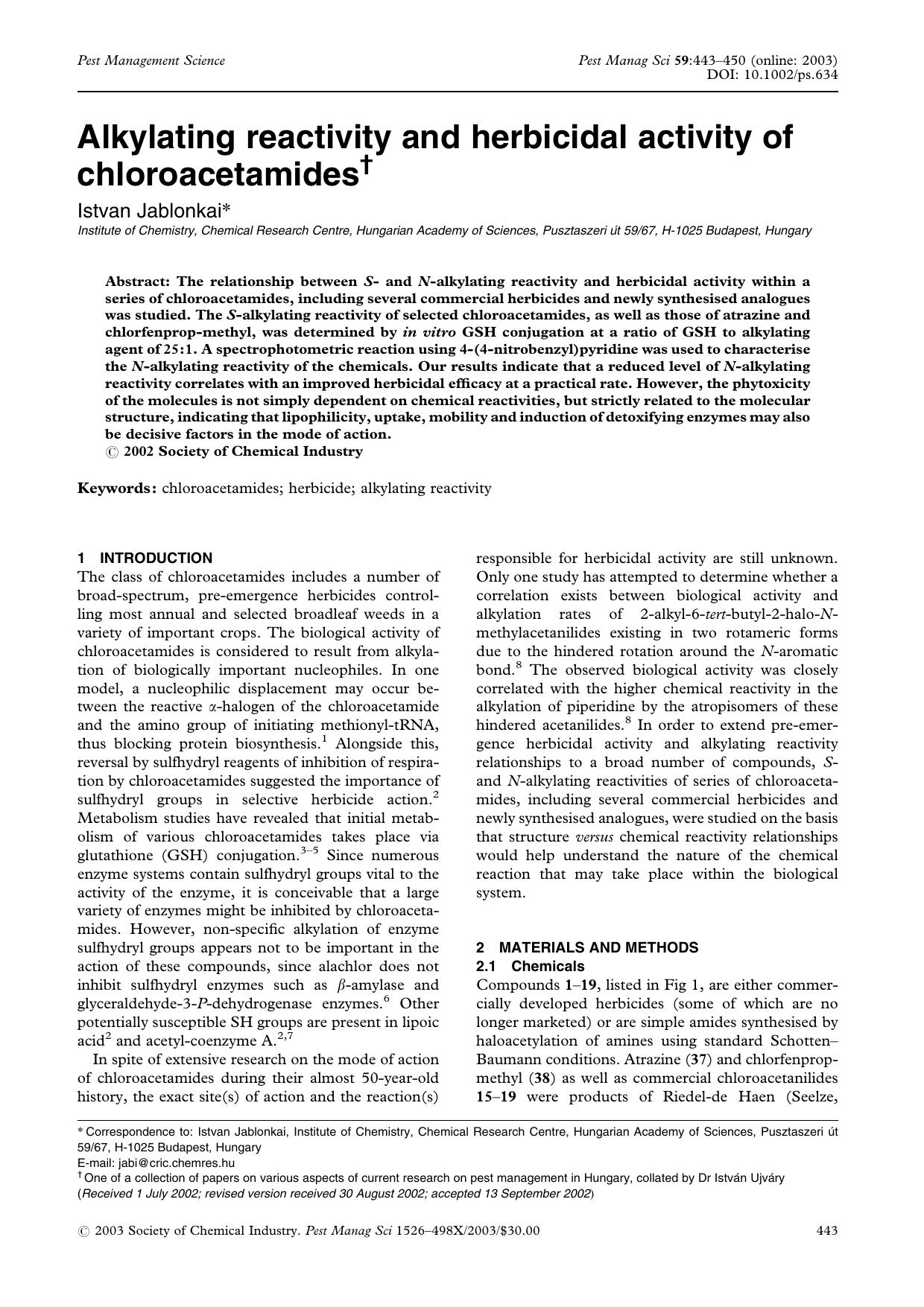 Alkylating reactivity and herbicidal activity of chloroacetamides by Unknown
