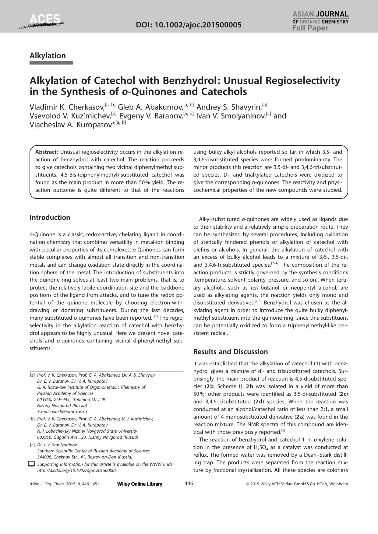 Alkylation of Catechol with Benzhydrol: Unusual Regioselectivity in the Synthesis of oQuinones and Catechols by Unknown