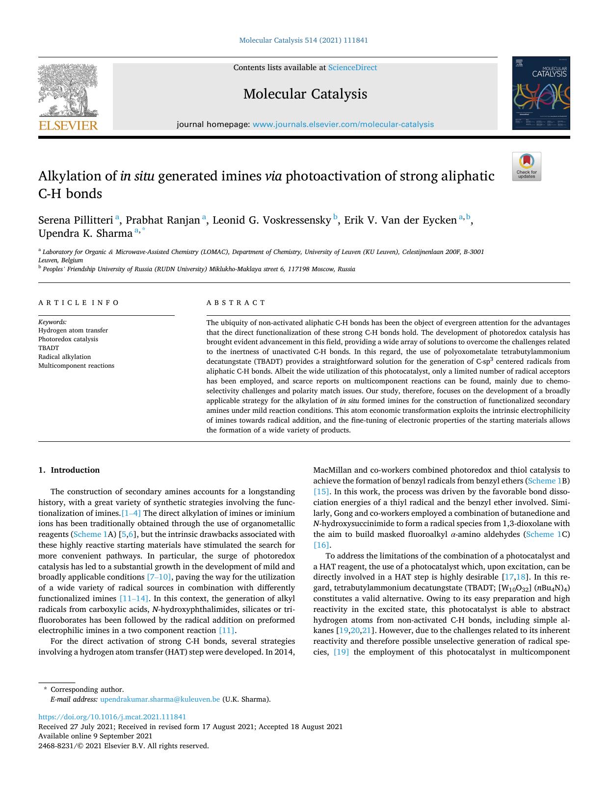 Alkylation of in situ generated imines via photoactivation of strong aliphatic C-H bonds by unknow