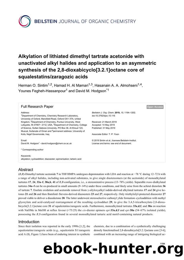Alkylation of lithiated dimethyl tartrate acetonide with unactivated alkyl halides and application to an asymmetric synthesis of the 2,8-dioxabicyclo[3.2.1]octane core of squalestatinszaragozic acids by unknow