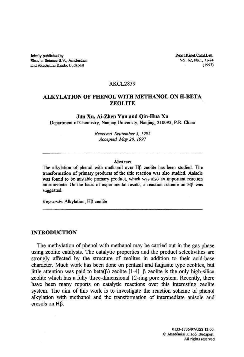 Alkylation of phenol with methanol on H-beta zeolite by Unknown