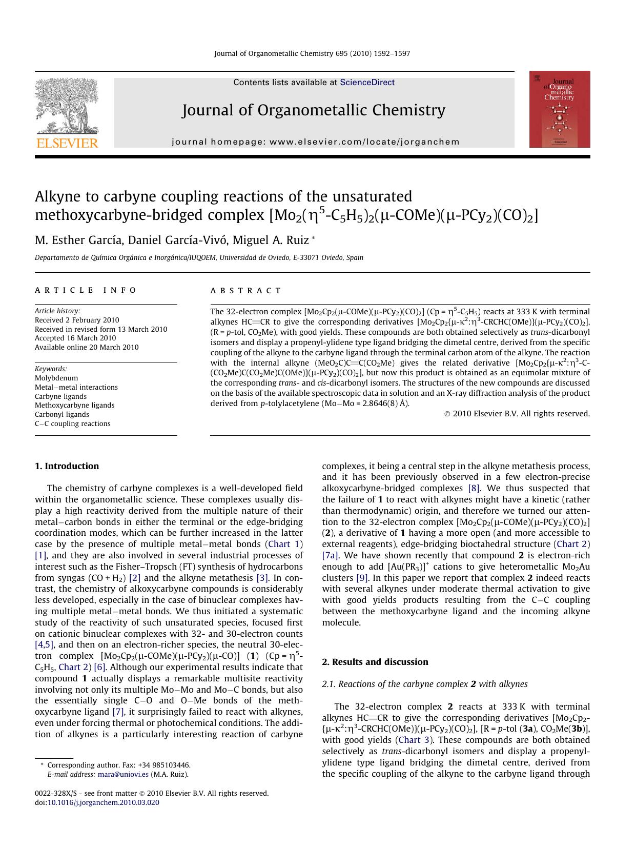 Alkyne to carbyne coupling reactions of the unsaturated methoxycarbyne-bridged complex [Mo2(η5-C5H5)2(μ-COMe)(μ-PCy2)(CO)2] by M. Esther García; Daniel García-Vivó; Miguel A. Ruiz