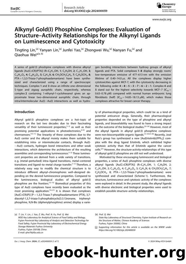 Alkynyl Gold(I) Phosphine Complexes: Evaluation of StructureâActivity Relationships for the Alkynyl Ligands on Luminescence and Cytotoxicity by Unknown