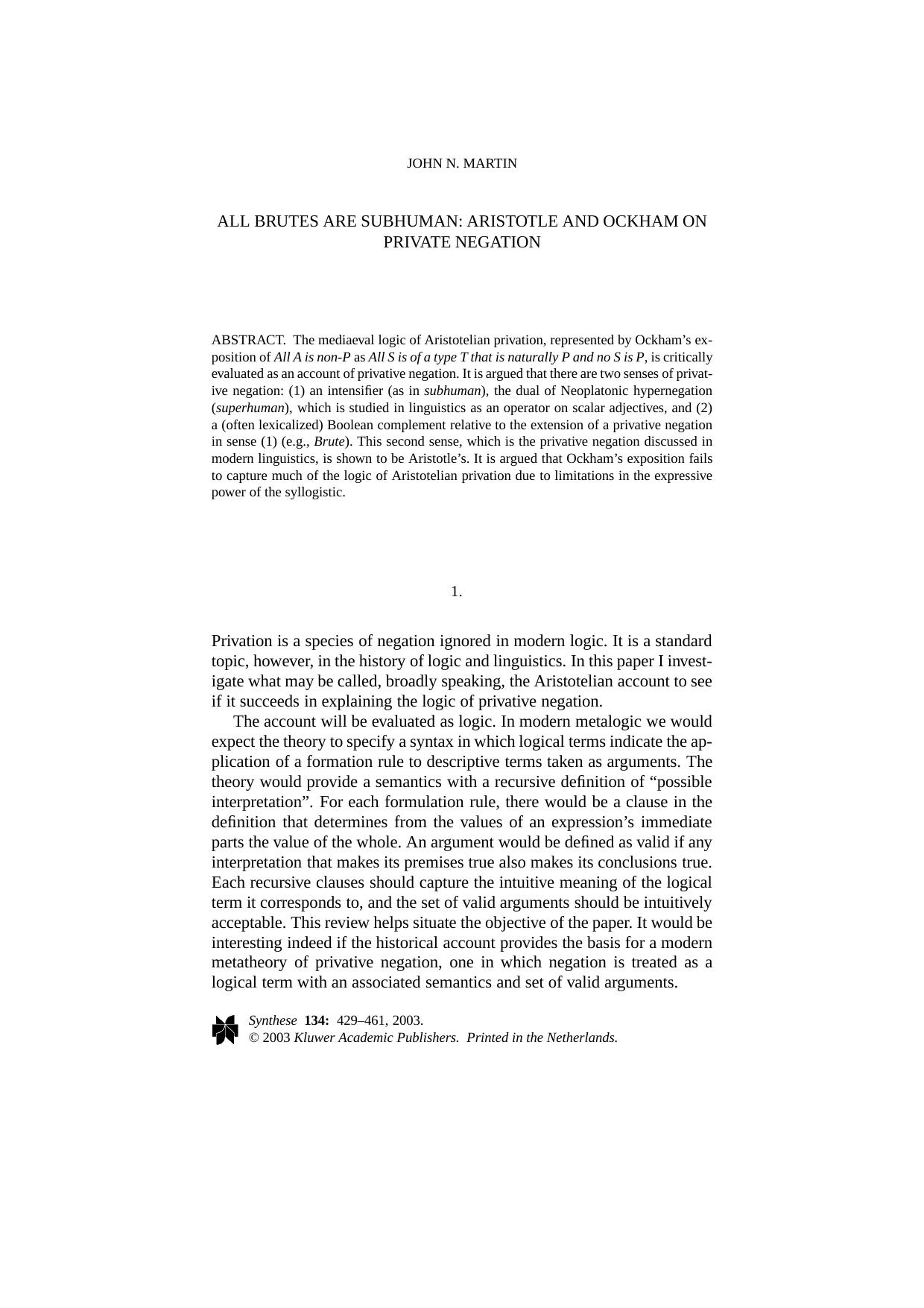 All Brutes are Subhuman: Aristotle and Ockham on Private Negation by Unknown