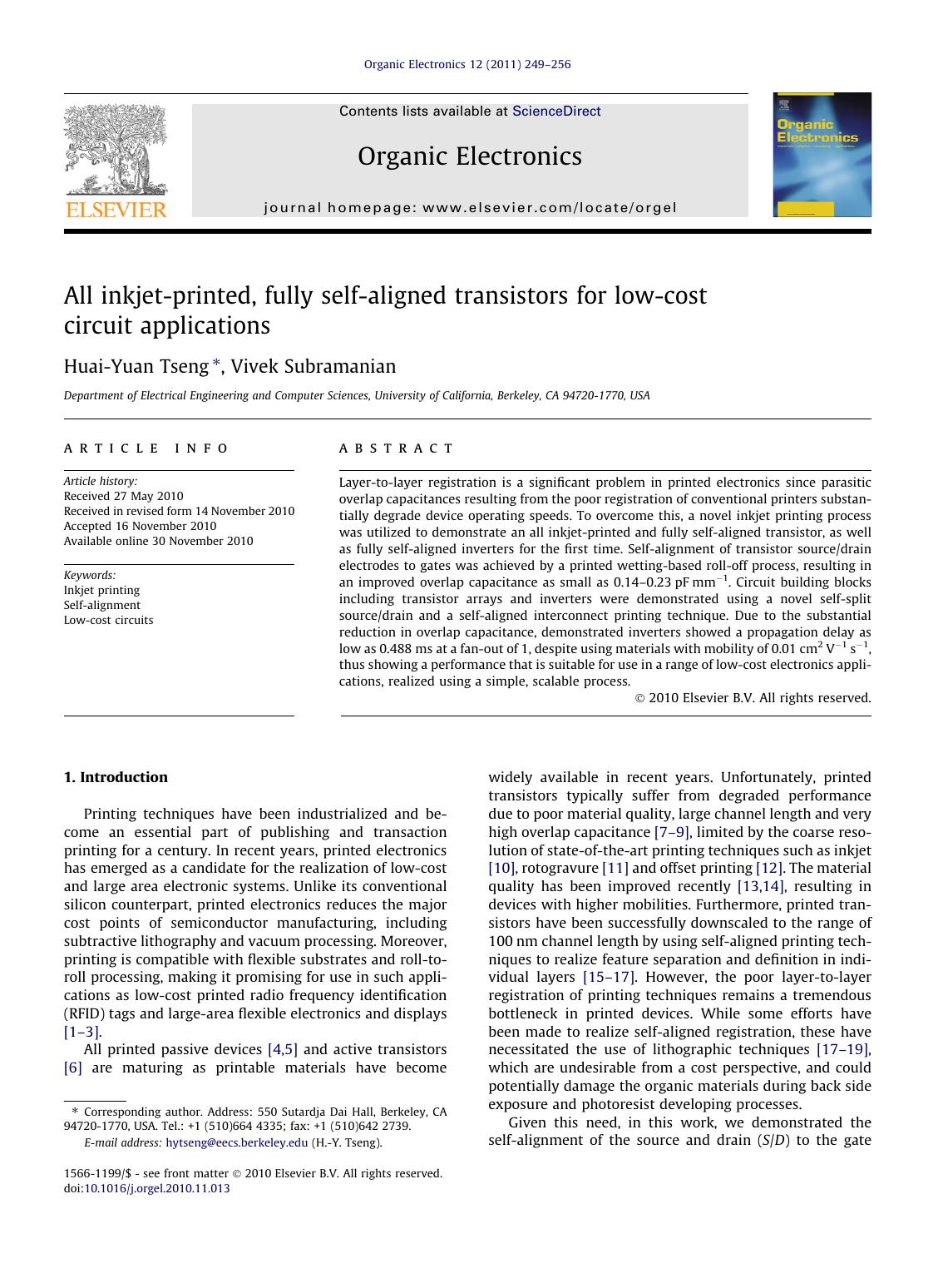 All inkjet-printed, fully self-aligned transistors for low-cost circuit applications by Huai-Yuan Tseng & Vivek Subramanian