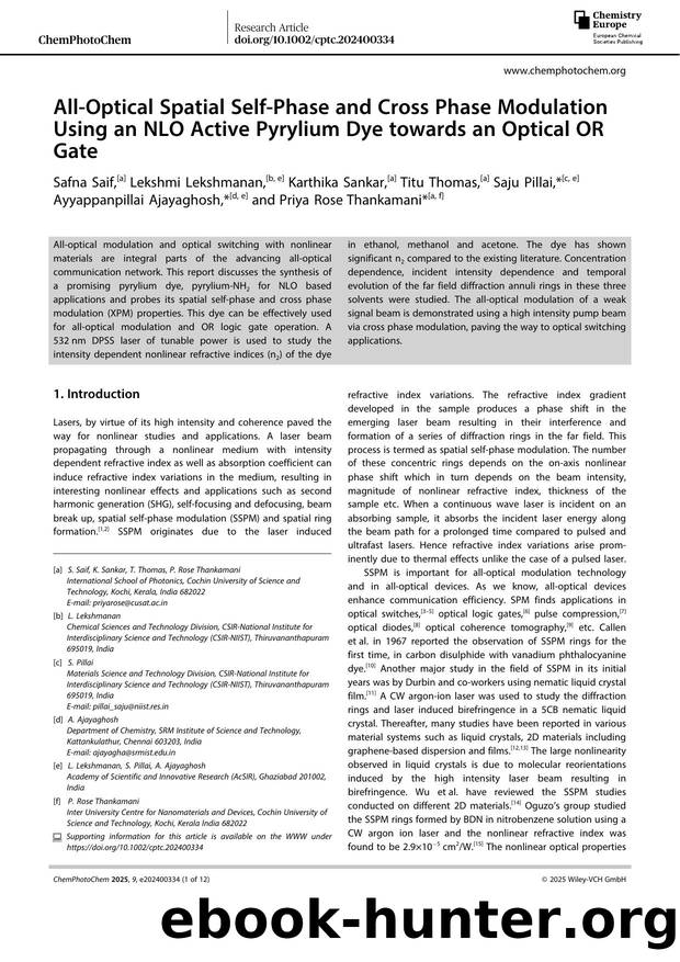 AllâOptical Spatial SelfâPhase and Cross Phase Modulation Using an NLO Active Pyrylium Dye towards an Optical OR Gate by Unknown