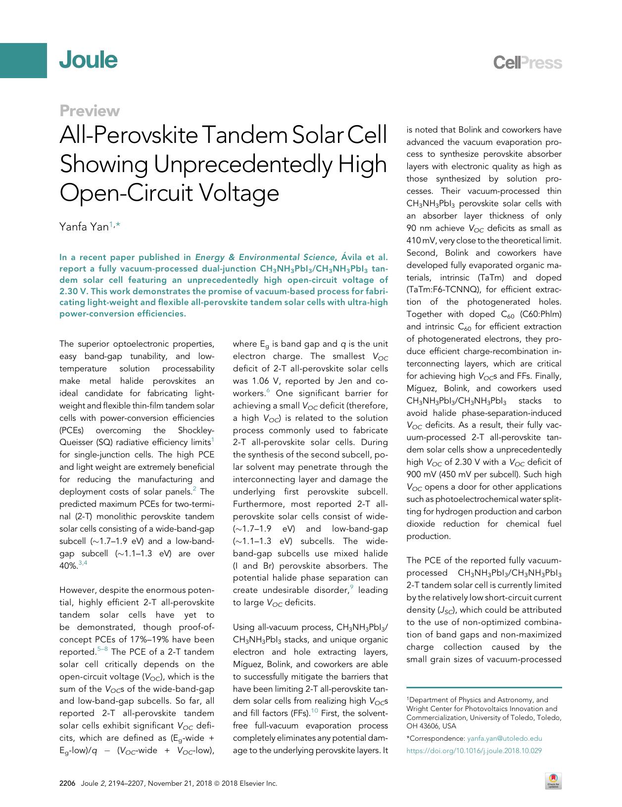All-Perovskite Tandem Solar Cell Showing Unprecedentedly High Open-Circuit Voltage by Yanfa Yan