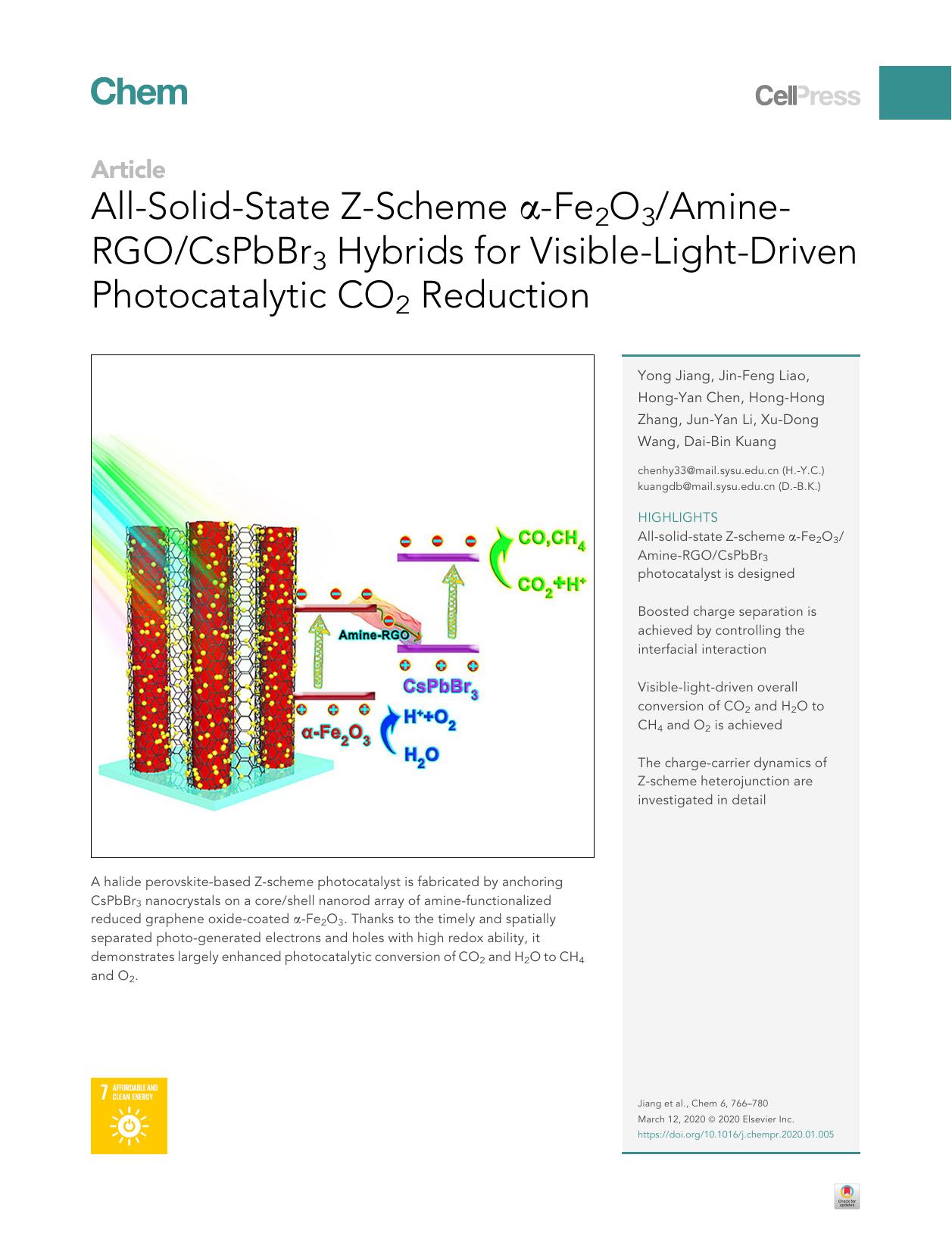 All-Solid-State Z-Scheme &alpha;-Fe2O3Amine-RGOCsPbBr3 Hybrids for Visible-Light-Driven Photocatalytic CO2 Reduction by unknow