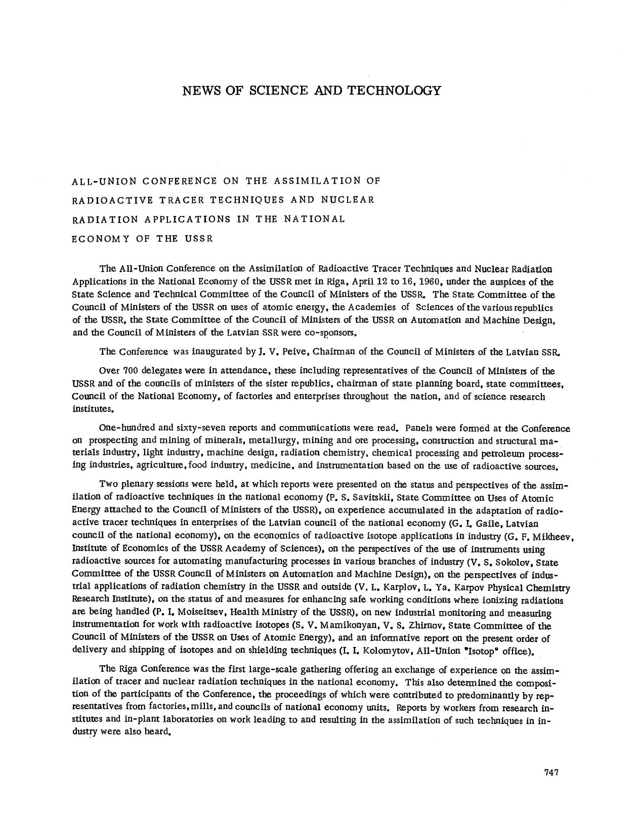 All-Union Conference on the Assimilation of Radoiactive Tracer Techniques and Nuclear Radiation Applications in the National Economy of the USSR by Unknown
