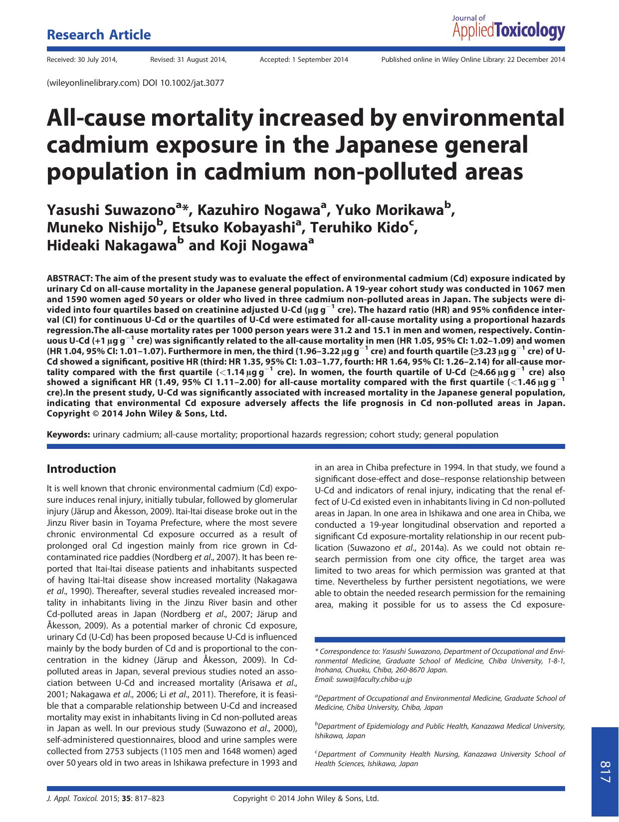 All-cause mortality increased by environmental cadmium exposure in the Japanese general population in cadmium non-polluted areas by unknow