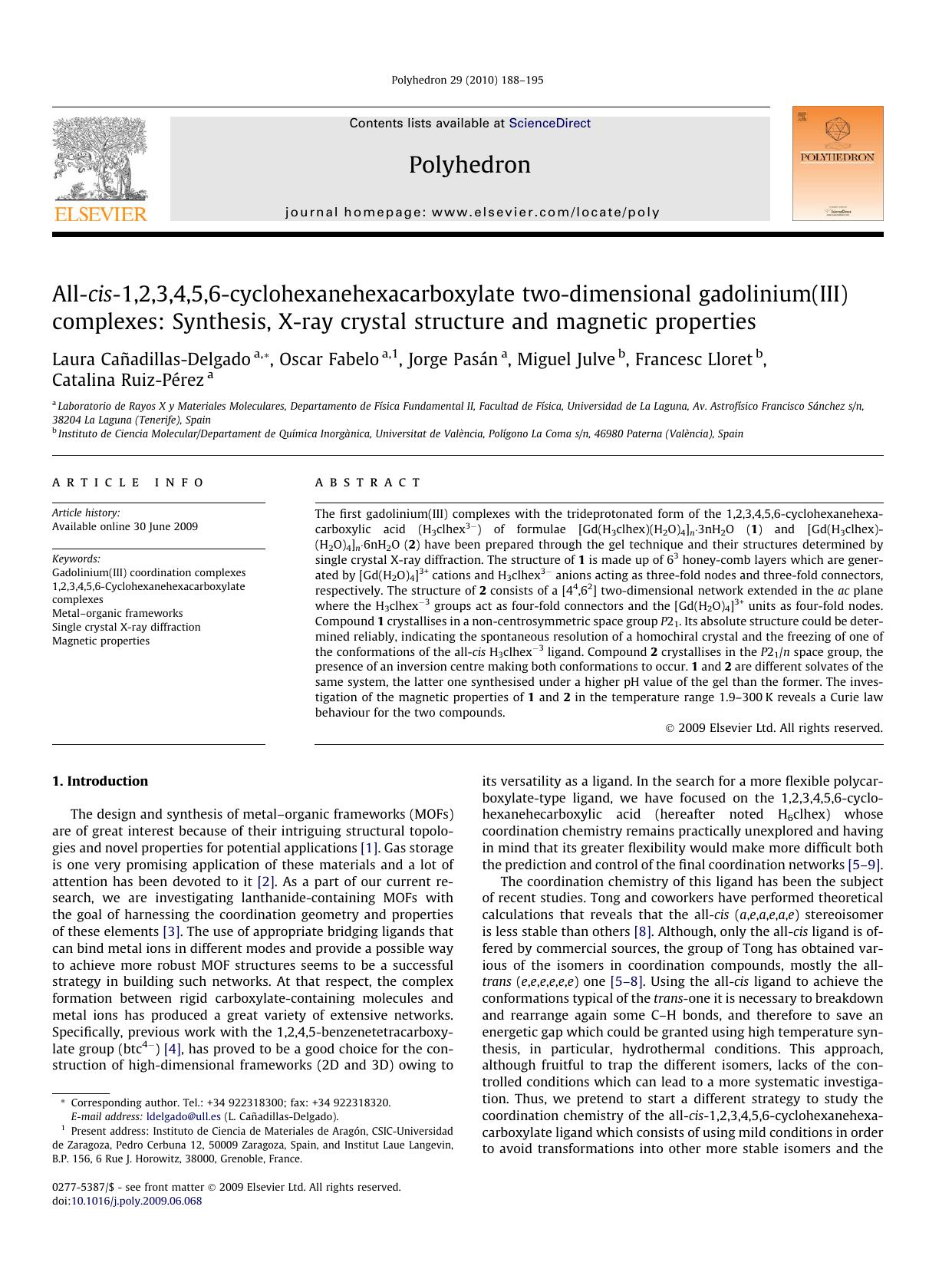 All-cis-1,2,3,4,5,6-cyclohexanehexacarboxylate two-dimensional gadolinium(III) complexes: Synthesis, X-ray crystal structure and magnetic properties by unknow