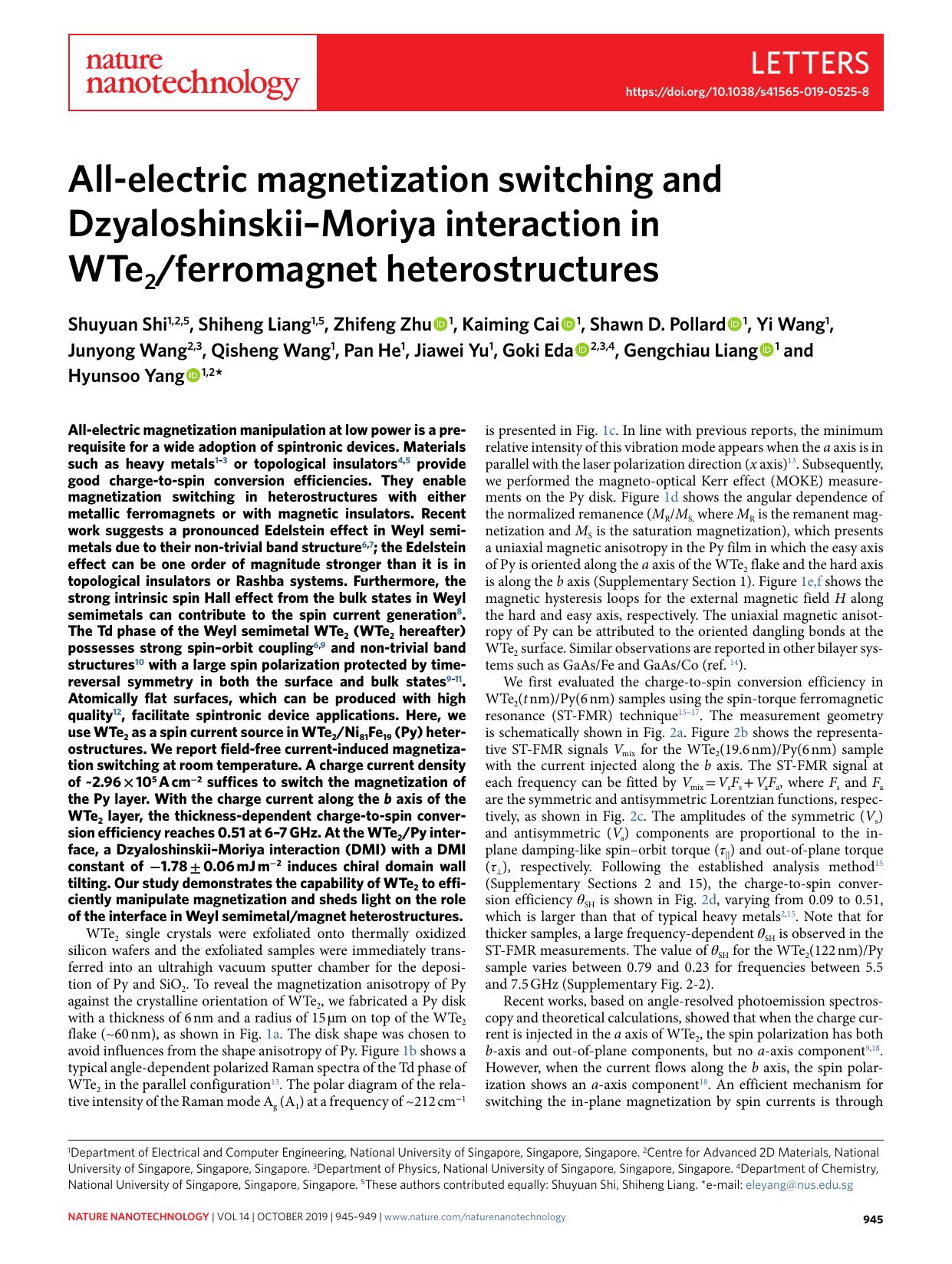 All-electric magnetization switching and DzyaloshinskiiâMoriya interaction in WTe2ferromagnet heterostructures by unknow