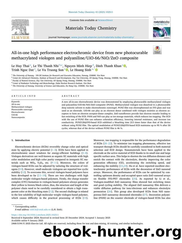 All-in-one high performance electrochromic device from new photocurable methacrylated viologen and polyanilineUiO-66NiOZnO composite by unknow