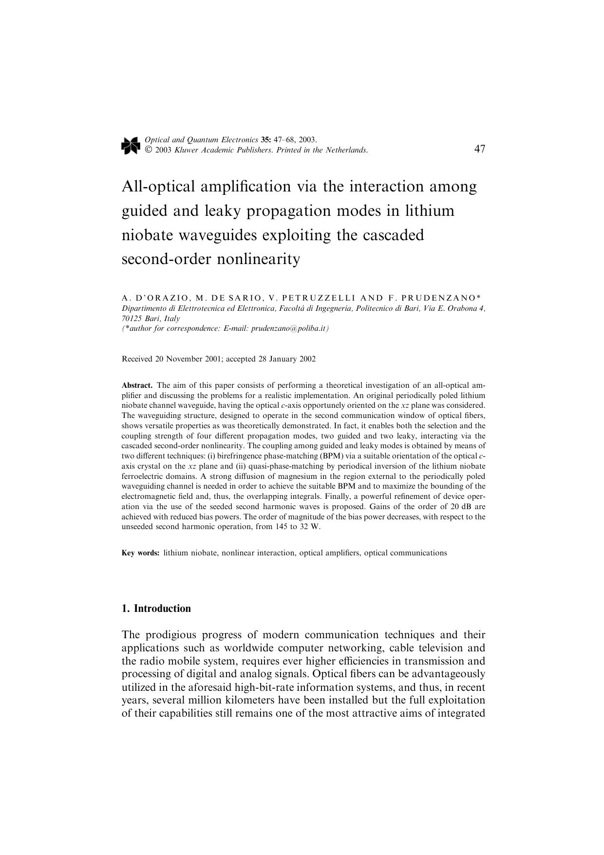 All-optical amplification via the interaction among guided and leaky propagation modes in lithium niobate waveguides exploiting the cascaded second-order nonlinearity by Unknown