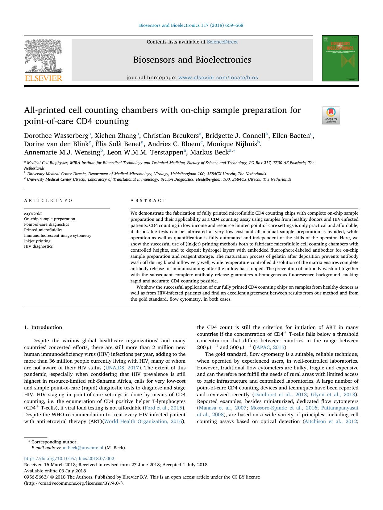 All-printed cell counting chambers with on-chip sample preparation for point-of-care CD4 counting by unknow