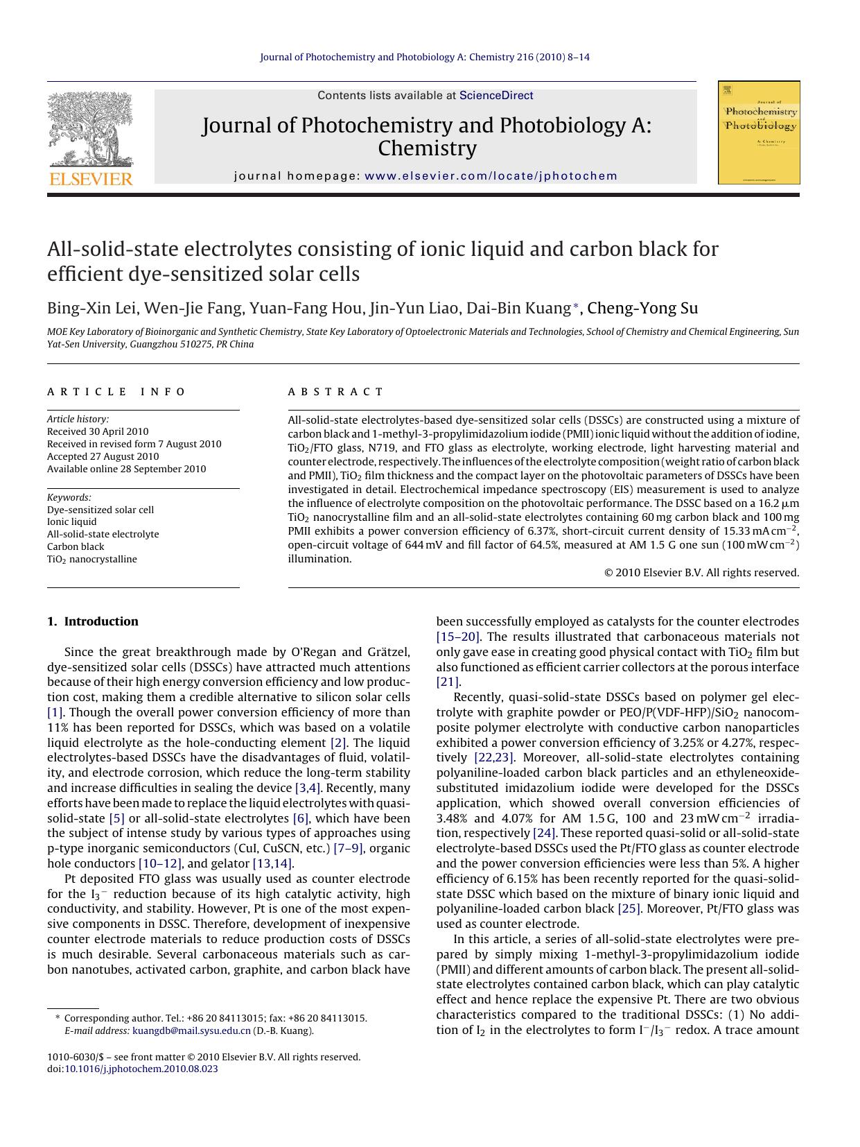 All-solid-state electrolytes consisting of ionic liquid and carbon black for efficient dye-sensitized solar cells by Bing-Xin Lei