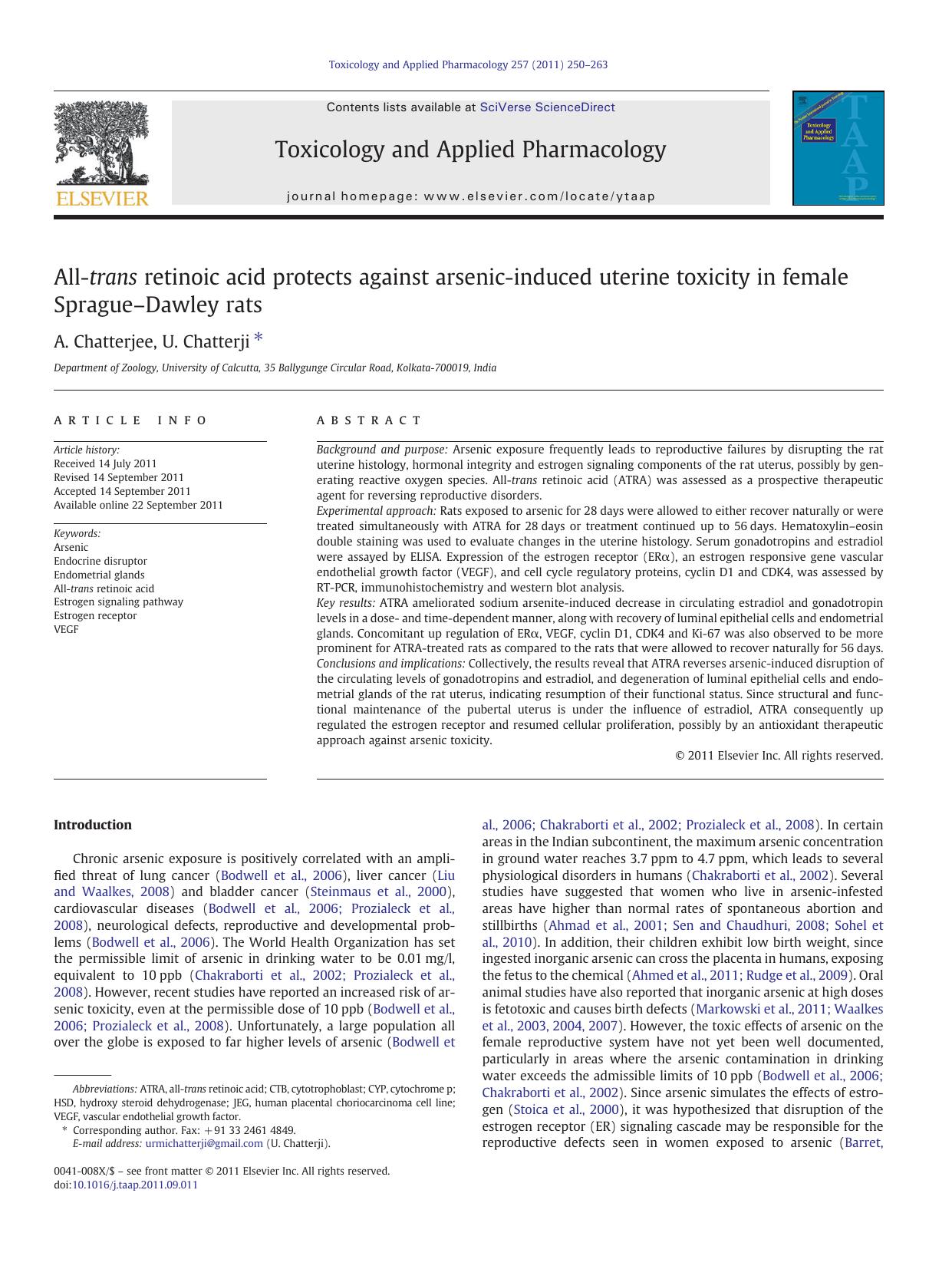 All-trans retinoic acid protects against arsenic-induced uterine toxicity in female SpragueâDawley rats by A. Chatterjee & U. Chatterji