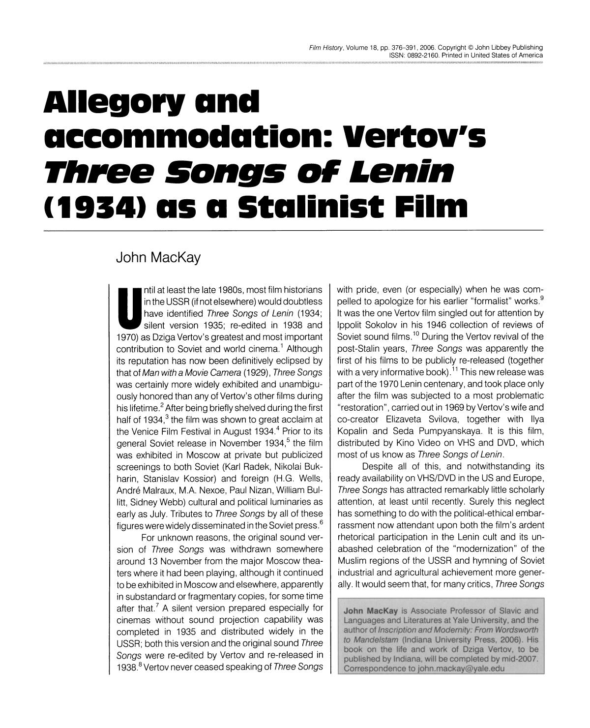 Allegory and accommodation: Vertov's Three Songs of Lenin (1934) as a Stalinist Film by MacKay J
