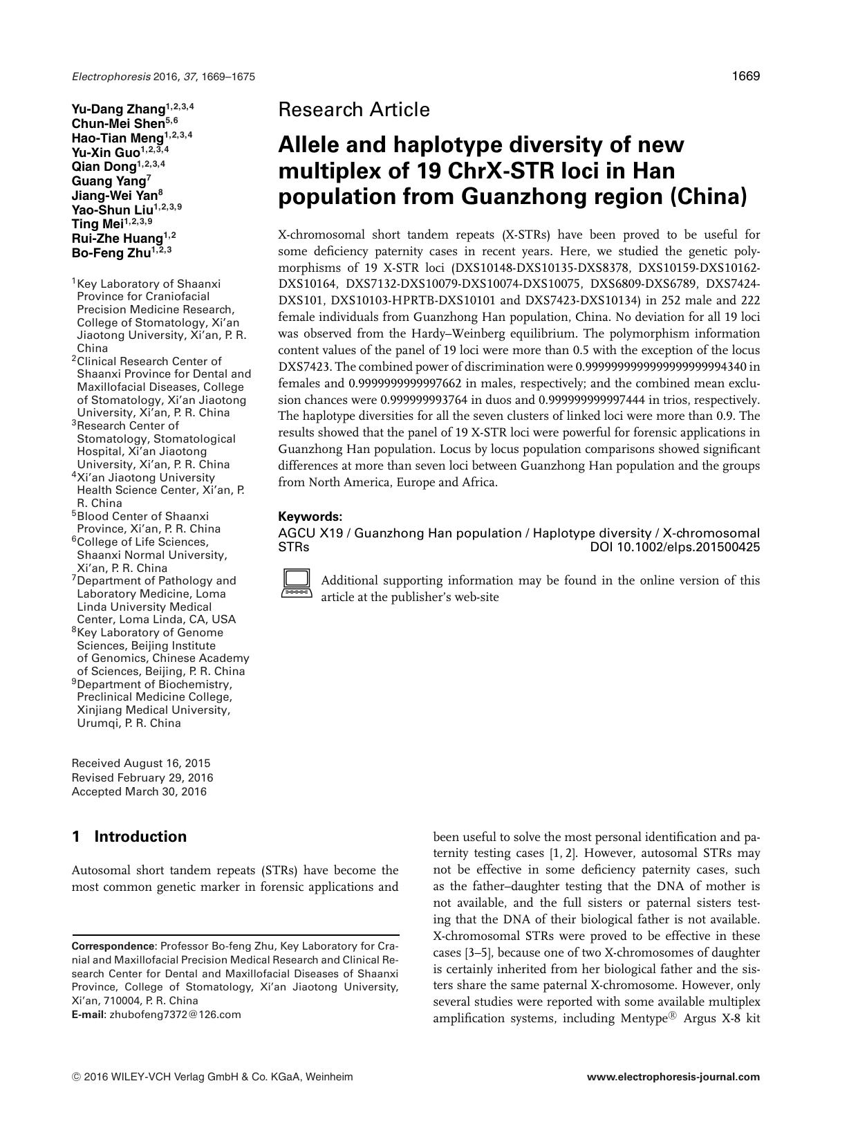 Allele and haplotype diversity of new multiplex of 19 ChrX&#x02010;STR loci in Han population from Guanzhong region (China) by Unknown