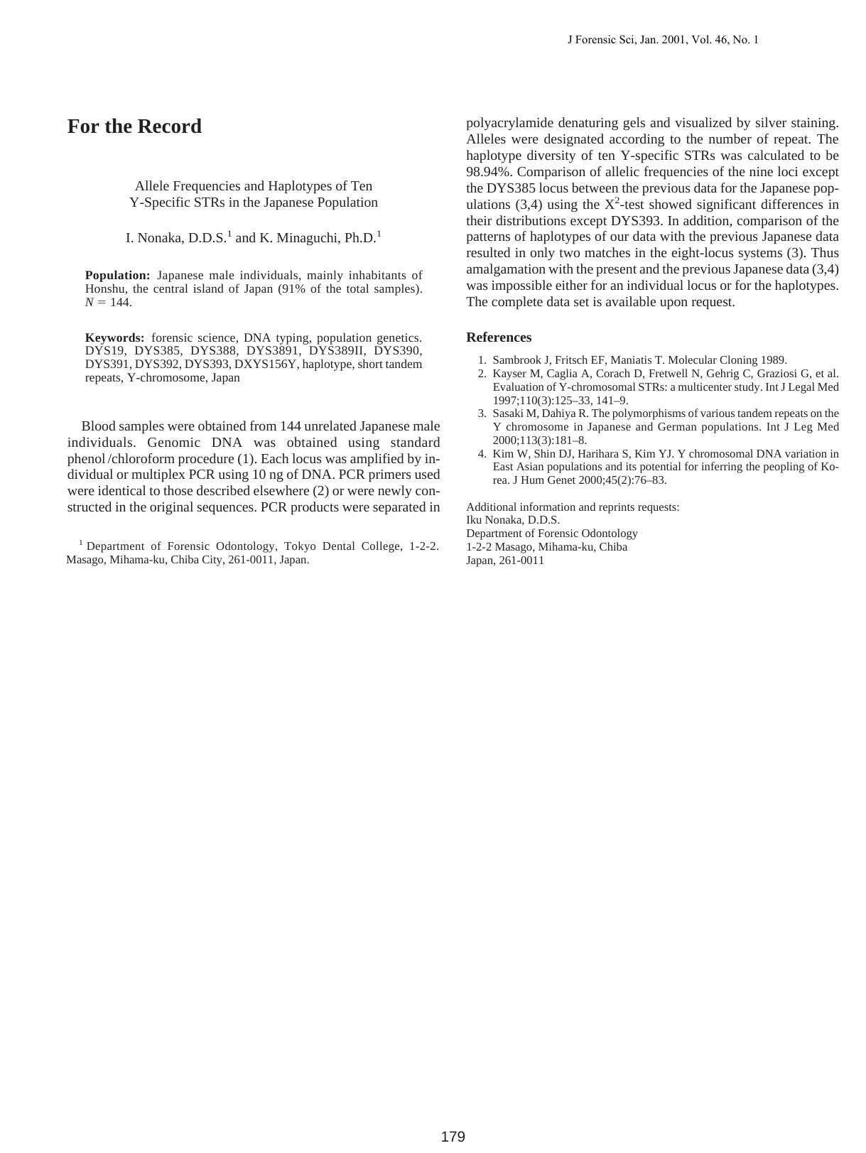Allele frequencies and haplotypes of ten Y-specific STRs in the Japanese population by Nonaka I Minaguchi K