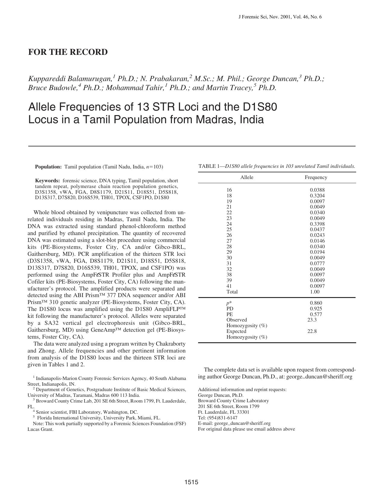 Allele frequencies for 13 STR loci and the D1S80 locus in a Tamil population from Madras, India by Balamurugan K Prabakaran N Duncan G Budowle B Tahir M Tracey M
