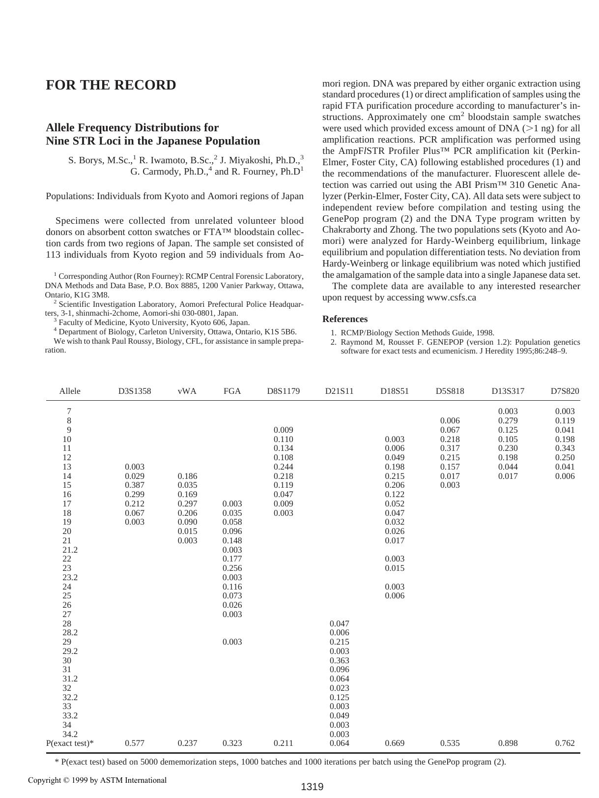 Allele frequency distributions for nine STR loci in the Japanese population by Borys S Iwamoto R Miyakoshi J Carmody G Fourney R