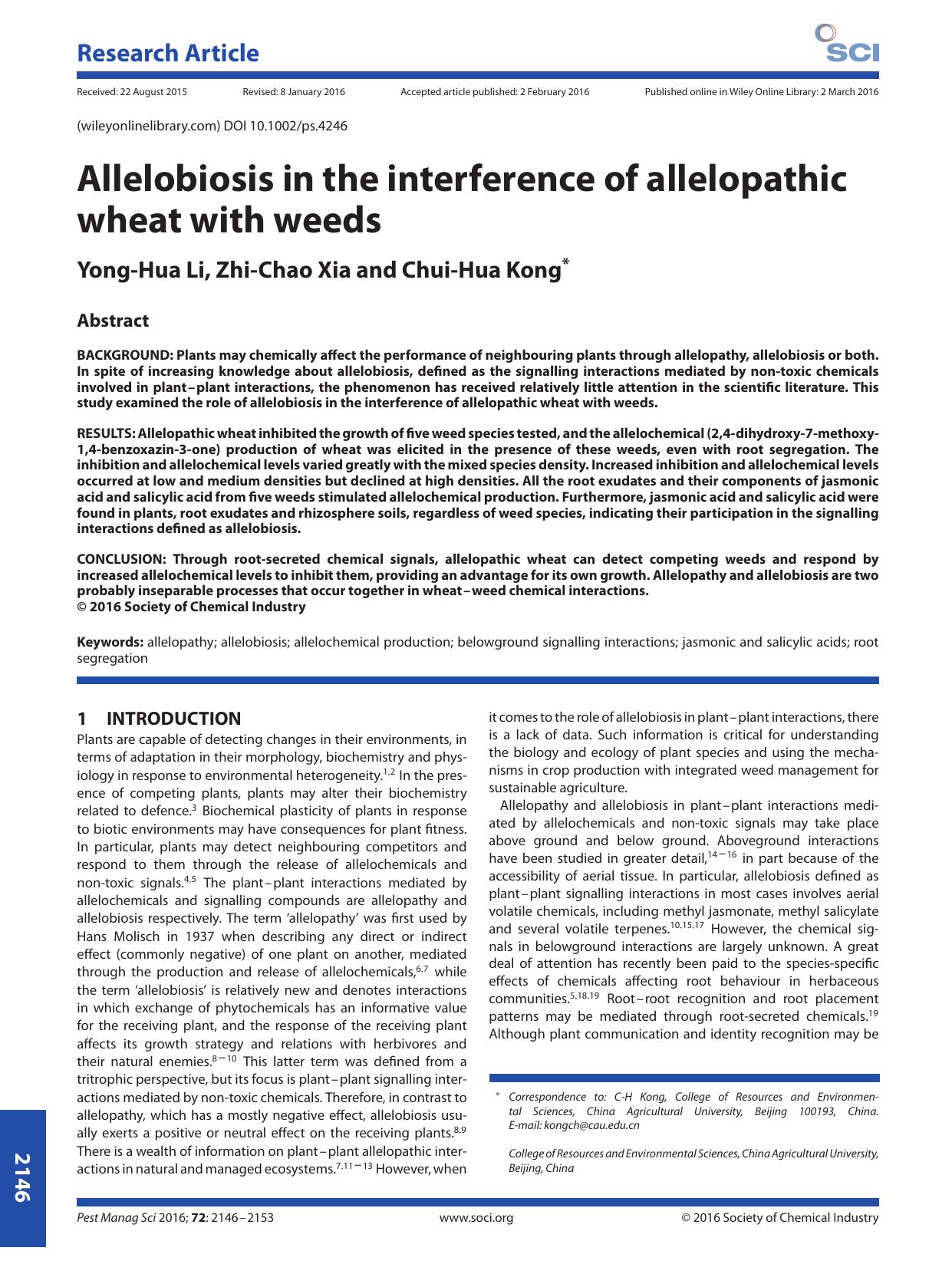 Allelobiosis in the interference of allelopathic wheat with weeds by Unknown