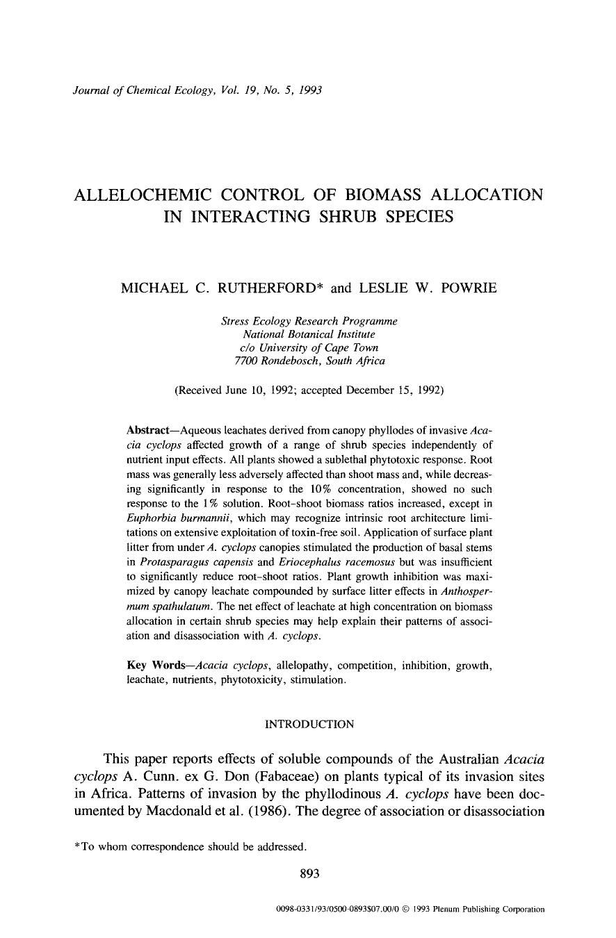 Allelochemic control of biomass allocation in interacting shrub species by Unknown