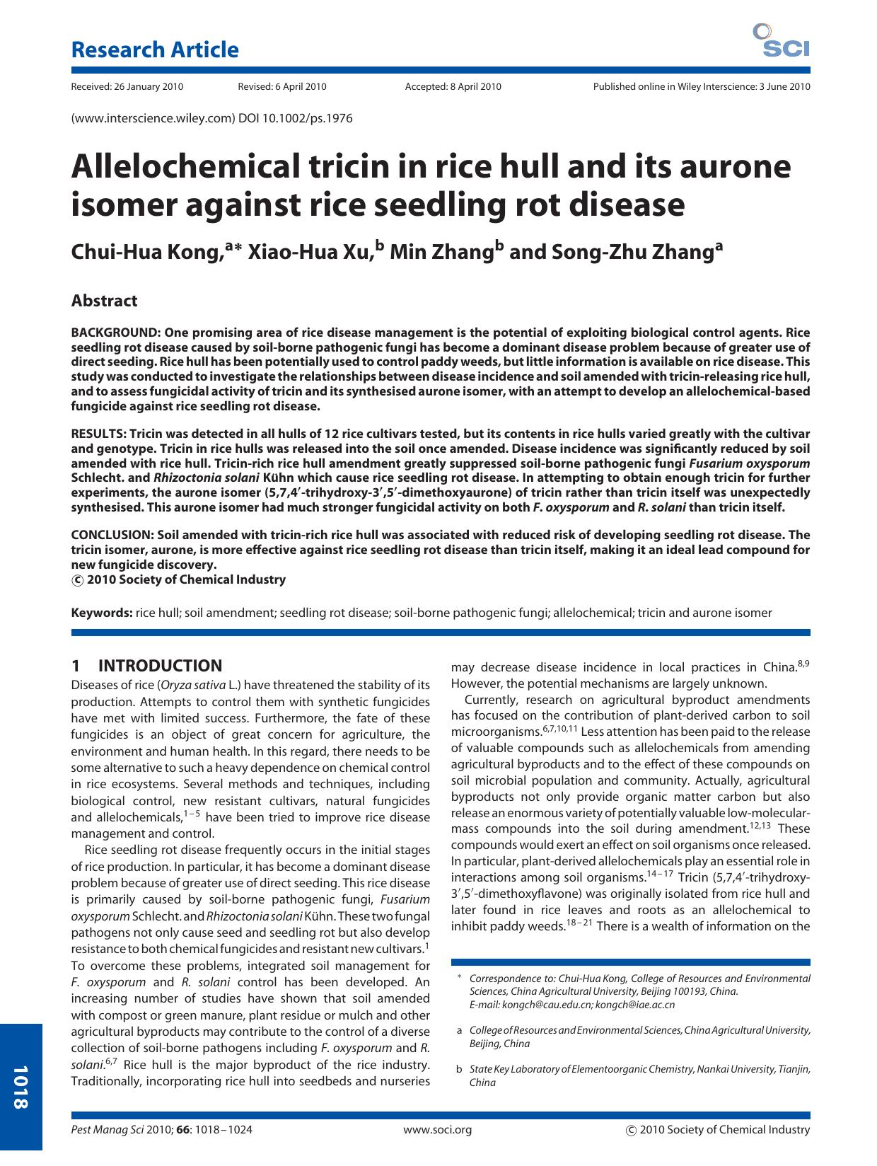 Allelochemical tricin in rice hull and its aurone isomer against rice seedling rot disease by Unknown