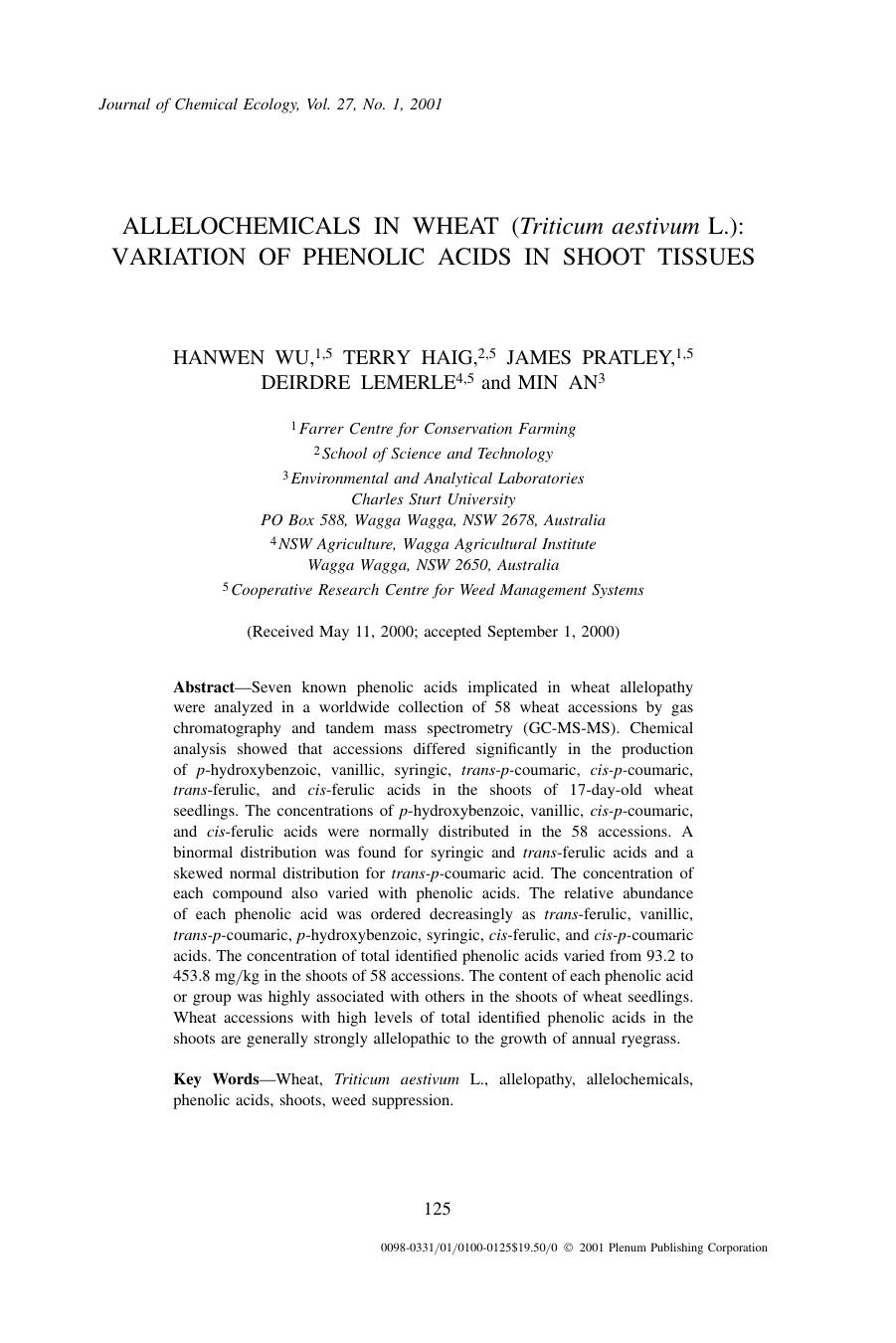 Allelochemicals in Wheat (Triticum aestivum L.): Variation of Phenolic Acids in Shoot Tissues by Unknown