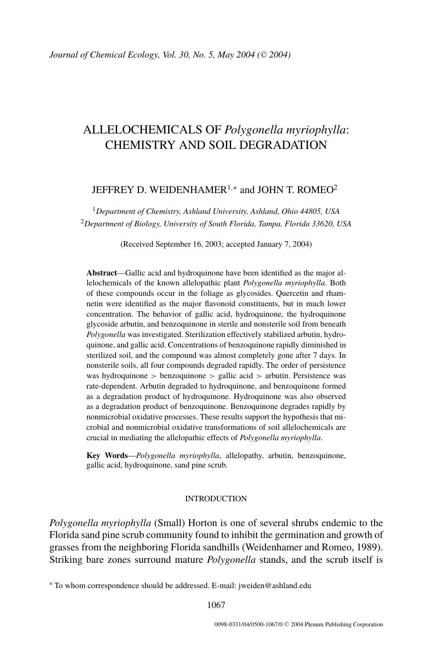 Allelochemicals of <Emphasis Type="Italic">Polygonella myriophylla<Emphasis>: Chemistry and Soil Degradation by Unknown
