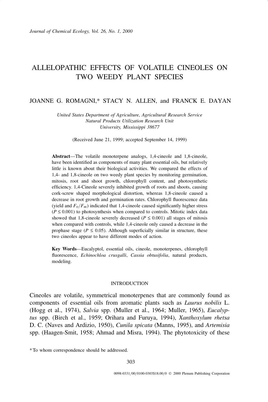 Allelopathic Effects of Volatile Cineoles on Two Weedy Plant Species by Unknown