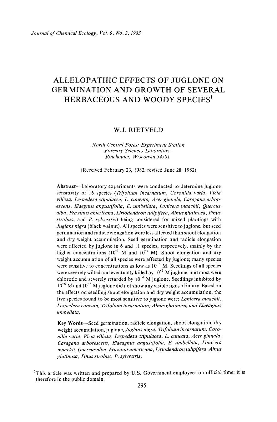 Allelopathic effects of juglone on germination and growth of several herbaceous and woody species by Unknown