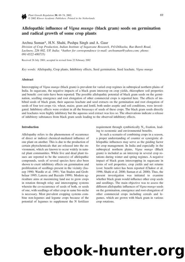Allelopathic influence of <Emphasis Type="Italic">Vigna mungo<Emphasis> (black gram) seeds on germination and radical growth of some crop plants by Unknown