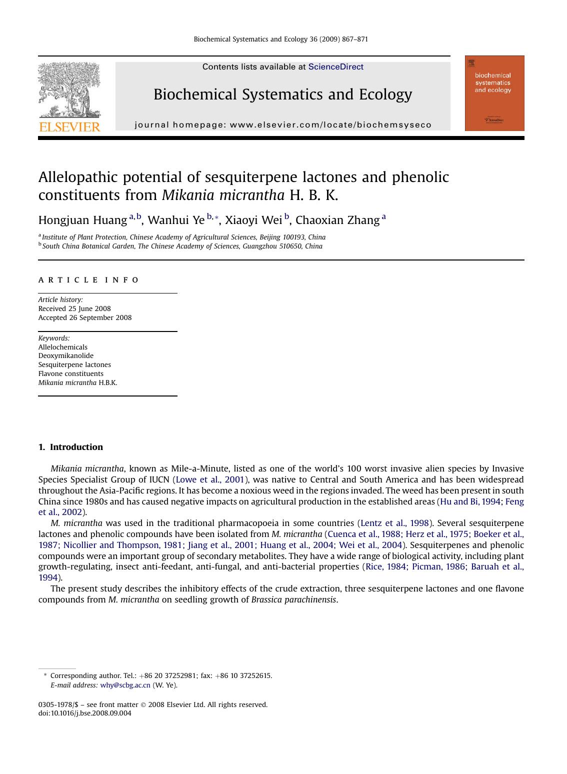 Allelopathic potential of sesquiterpene lactones and phenolic constituents from Mikania micrantha H. B. K. by Hongjuan Huang; Wanhui Ye; Xiaoyi Wei; Chaoxian Zhang