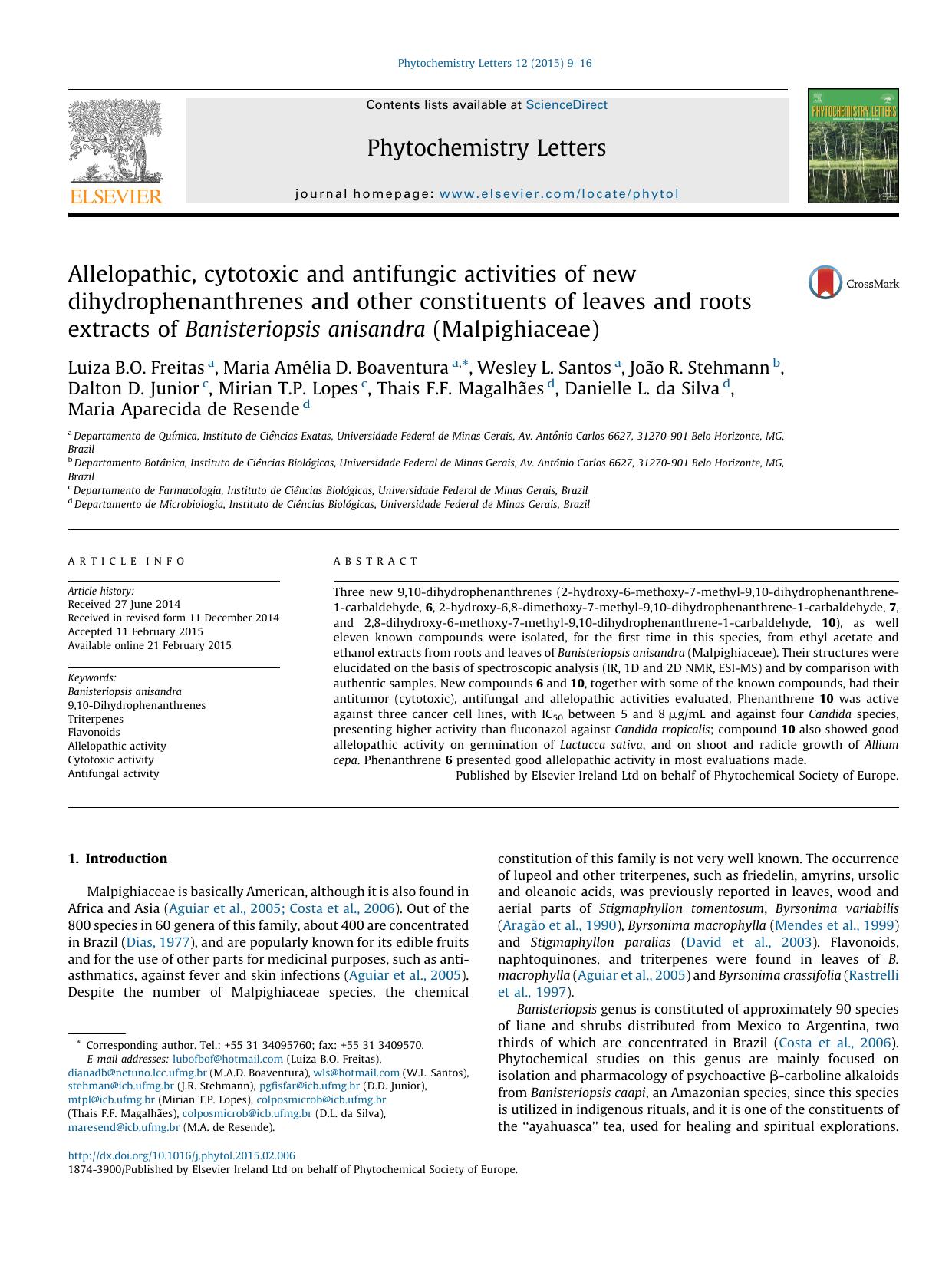 Allelopathic, cytotoxic and antifungic activities of new dihydrophenanthrenes and other constituents of leaves and roots extracts of Banisteriopsis anisandra (Malpighiaceae) by unknow