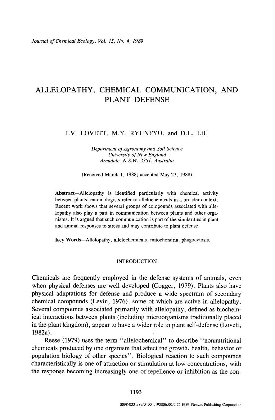 Allelopathy, chemical communication, and plant defense by Unknown