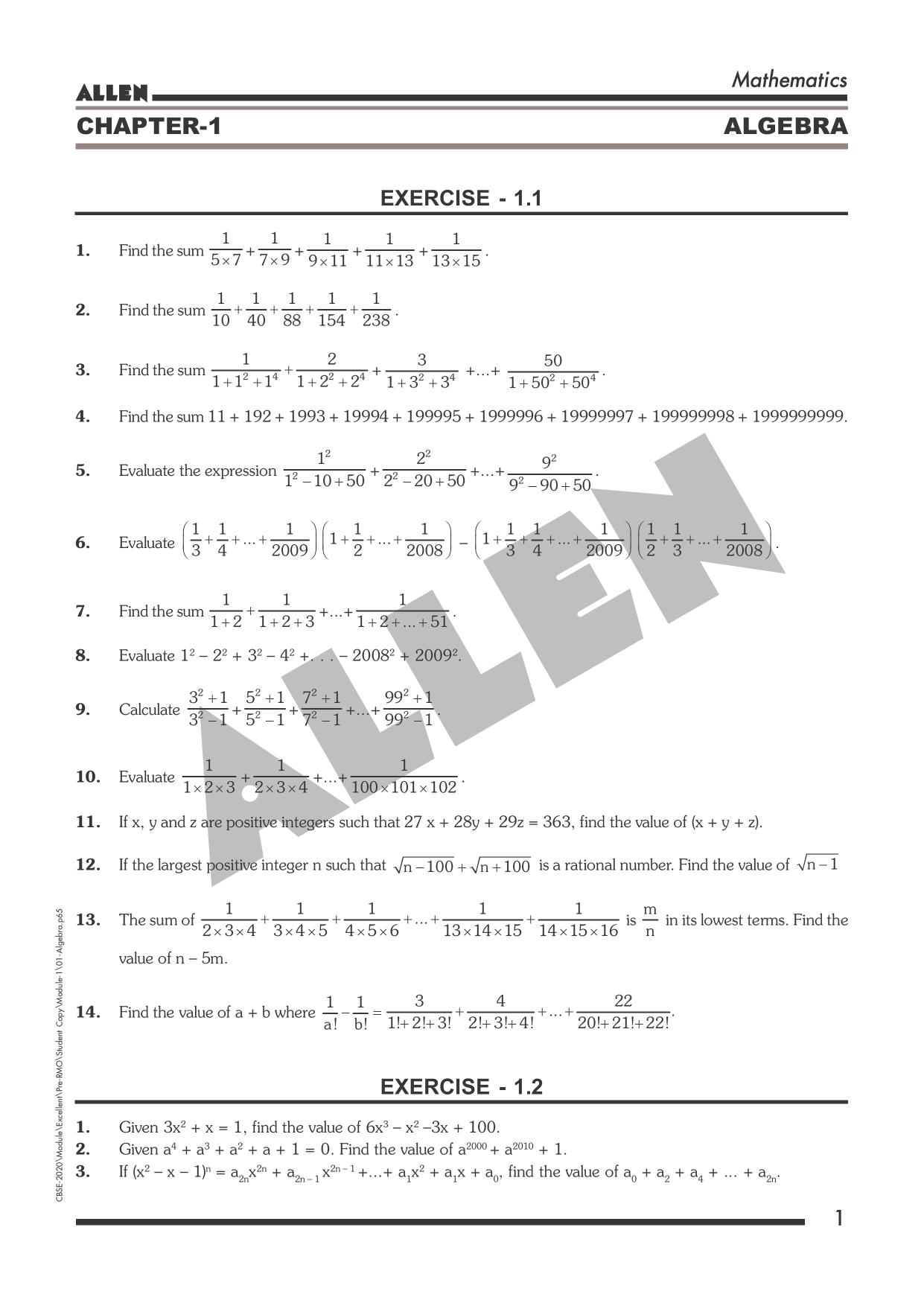 Allen PRMO/IOQM sheet: Algebra by Allen