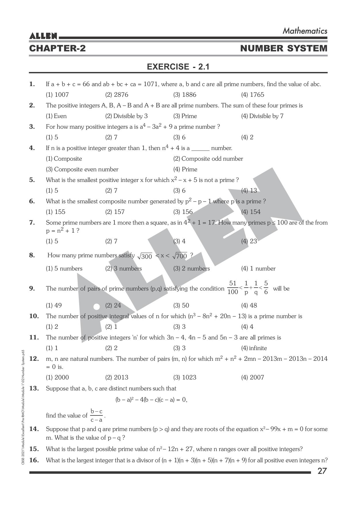 Allen PRMO/IOQM sheet: number system/theory by Allen