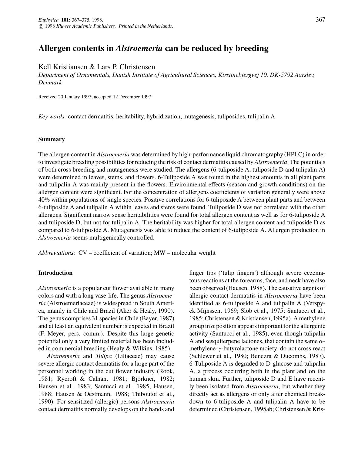 Allergen contents in Alstroemeria can be reduced by breeding by Unknown