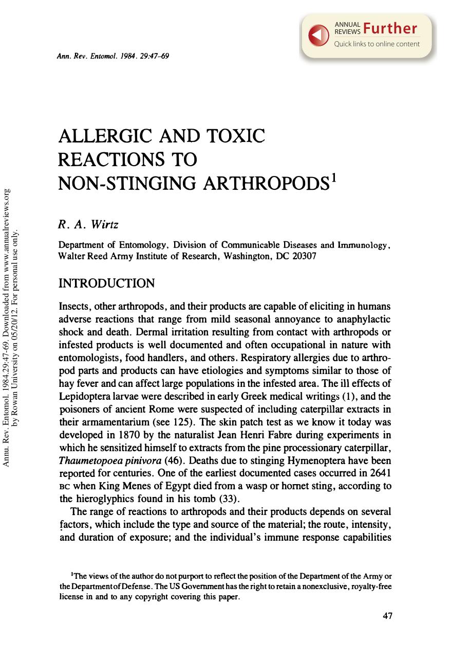 Allergic and Toxic Reactions to Non-Stinging Arthropods by R A Wirtz