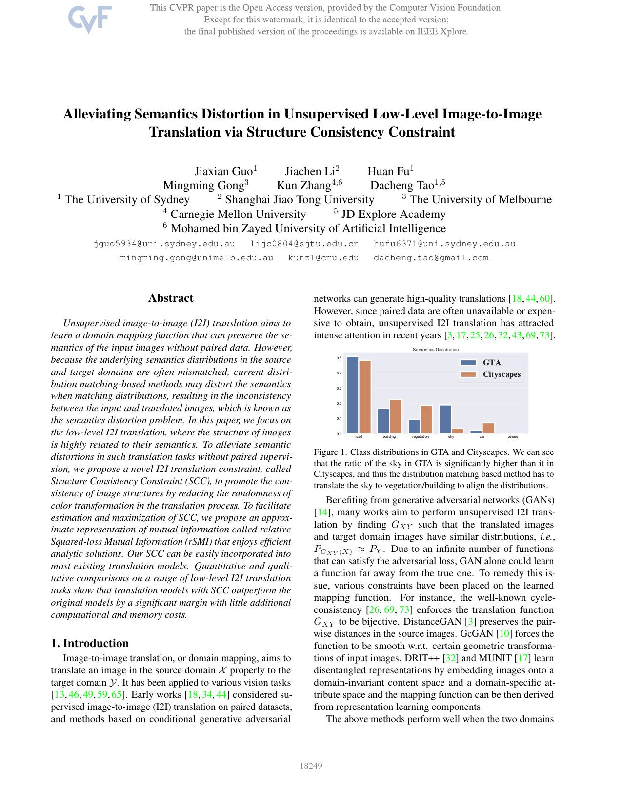 Alleviating Semantics Distortion in Unsupervised Low-Level Image-to-Image Translation via Structure Consistency Constraint by Jiaxian Guo & Jiachen Li & Huan Fu & Mingming Gong & Kun Zhang & Dacheng Tao