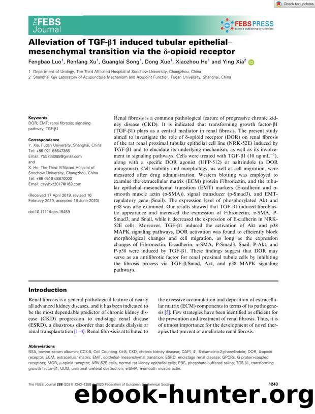 Alleviation of TGFâÎ²1 induced tubular epithelialâmesenchymal transition via the Î´âopioid receptor by Unknown